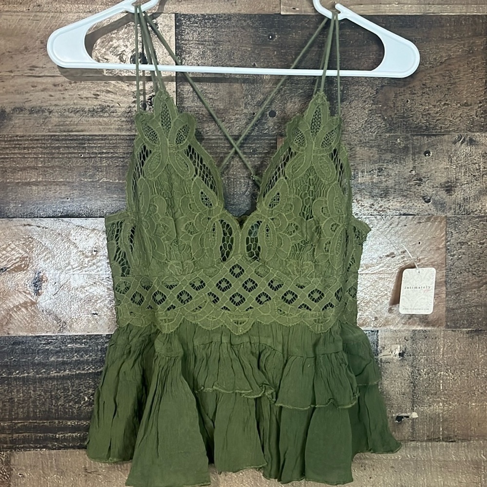 Free People Adella Lace Smock Back Ruffle Cotton Blend Back Detail Cami Green
